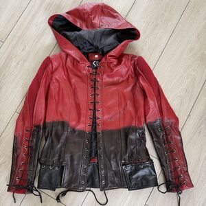 The Arrow Willa Holland Thea Queen Red Black Leather Motorcycle Jacket L Cosplay